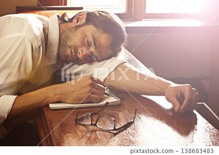 Pub, sleeping and man with a notebook, alcoholic and tired with deadline, depression and handover. Person, guy and drinker with a book, pen and glasses with fatigue, exhausted and bar with habit Pub, sleeping and man with a notebook, alcoholic and tired with deadline, depression and handover. Person, guy and drinker with a book, pen and glasses with fatigue, exhausted and bar with habit 138683483