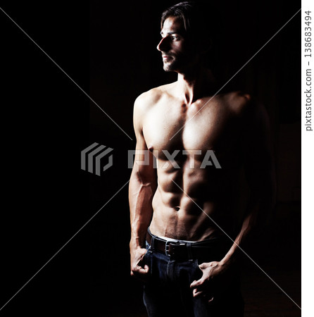 Body muscle, thinking and strong man with abs in studio isolated on a black background mockup space. Sexy, bodybuilder and serious athlete workout, training or exercise for power, fitness and health Body muscle, thinking and strong man with abs in studio isolated on a black background mockup space. Sexy, bodybuilder and serious athlete workout, training or exercise for power, fitness and health 138683494