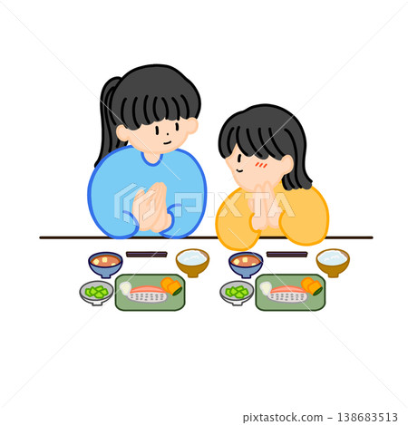 「Itadakimasu」(吃飯囉!)-餐桌問候、親子飲食教育、學校午餐、禮儀、插圖。 「Itadakimasu」(吃飯囉!)-餐桌問候、親子飲食教育、學校午餐、禮儀、插圖。 138683513