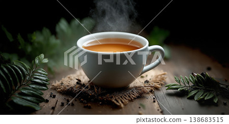 Relaxing environment with steaming cup nestled among natural elements and cozy lighting 138683515