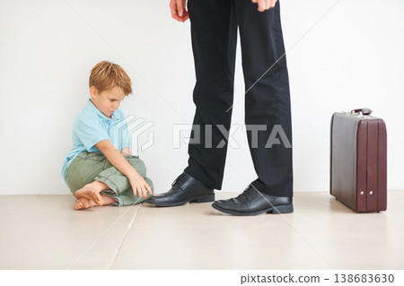 Sad, child and businessman to leave for work, anxiety and tantrum, stop dad for care, support and love. Father, mental health or kid stress on floor for help, professional and headache or depression Sad, child and businessman to leave for work, anxiety and tantrum, stop dad for care, support and love. Father, mental health or kid stress on floor for help, professional and headache or depression 138683630