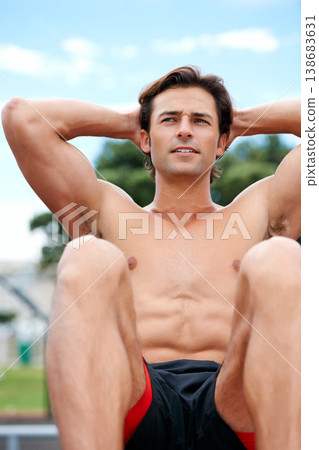 Man, shirtless and sit ups for fitness, exercise and workout outdoors, muscle and crunches or cardio for health. Male person, body building and athlete in training, strong and commitment for wellness Man, shirtless and sit ups for fitness, exercise and workout outdoors, muscle and crunches or cardio for health. Male person, body building and athlete in training, strong and commitment for wellness 138683631