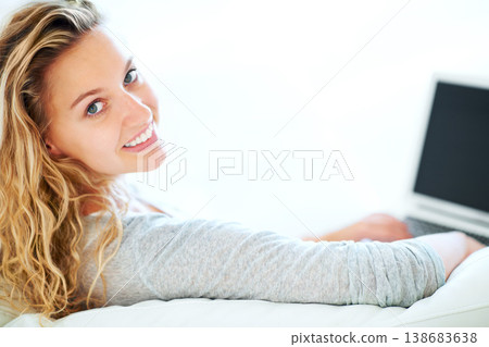 Laptop, portrait and happy woman on sofa in house, typing email and mockup space. Computer, smile and face of person or girl in living room on social media, website and communication on tech to relax Laptop, portrait and happy woman on sofa in house, typing email and mockup space. Computer, smile and face of person or girl in living room on social media, website and communication on tech to relax 138683638