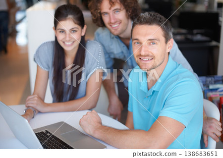 Office laptop, teamwork portrait and happy people confident for online business development, startup career or company work. Group collaboration, entrepreneurship and team cooperation creative design Office laptop, teamwork portrait and happy people confident for online business development, startup career or company work. Group collaboration, entrepreneurship and team cooperation creative design 138683651