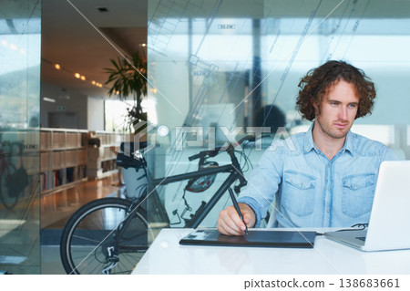 Business man, sketch tablet and computer for online website design, illustration and planning in office. Young graphic designer or artist with digital technology, laptop and screen or pen for drawing Business man, sketch tablet and computer for online website design, illustration and planning in office. Young graphic designer or artist with digital technology, laptop and screen or pen for drawing 138683661