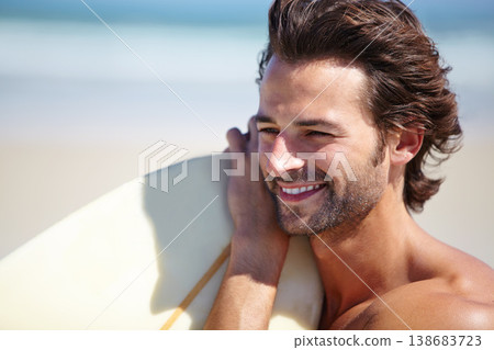 Beach face, sports man and surfer happiness for holiday adventure, travel vacation or nature freedom, wellness or surfing. Surfboard, break and summer athlete, surfer or person look at ocean sea view Beach face, sports man and surfer happiness for holiday adventure, travel vacation or nature freedom, wellness or surfing. Surfboard, break and summer athlete, surfer or person look at ocean sea view 138683723
