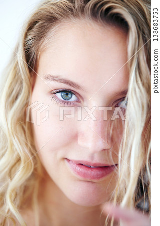 Portrait, woman and skincare with beauty, wellness and natural skin for self care and glow at home. Cosmetic, person and face with smile for glowing skin, facial treatment or shine with hair at house Portrait, woman and skincare with beauty, wellness and natural skin for self care and glow at home. Cosmetic, person and face with smile for glowing skin, facial treatment or shine with hair at house 138683753