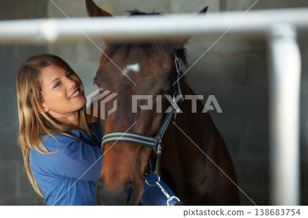 Smile, stable and young woman with her horse at an outdoor farm for sports racing. Happy, training and confident female person from Canada with her equestrian animal or pet in countryside ranch. Smile, stable and young woman with her horse at an outdoor farm for sports racing. Happy, training and confident female person from Canada with her equestrian animal or pet in countryside ranch. 138683754