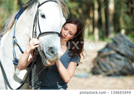 Woman with horse in countryside, animal and equestrian with riding outdoor and ranch. Sports, recreation and farm with young rider in nature, stable and jockey with mare or pet, training for rodeo Woman with horse in countryside, animal and equestrian with riding outdoor and ranch. Sports, recreation and farm with young rider in nature, stable and jockey with mare or pet, training for rodeo 138683849