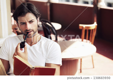 Young, man and smoke while thinking in cafe in Paris with book on vacation, holiday or trip. Person, tobacco pipe and travel to relax for wellness with vision, idea and dream of startup business Young, man and smoke while thinking in cafe in Paris with book on vacation, holiday or trip. Person, tobacco pipe and travel to relax for wellness with vision, idea and dream of startup business 138683930