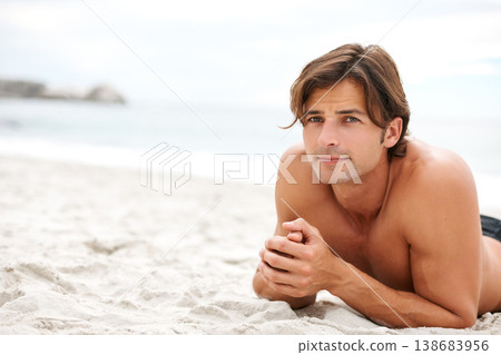 Man, beach and sand for relax stomach for vacation sunshine holiday, summer break or tropical travel. Male person, topless and ocean fresh breeze for happy outdoor weekend, swimwear rest or sea water Man, beach and sand for relax stomach for vacation sunshine holiday, summer break or tropical travel. Male person, topless and ocean fresh breeze for happy outdoor weekend, swimwear rest or sea water 138683956