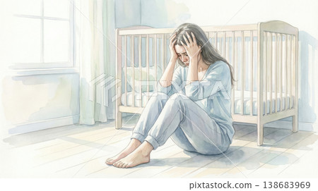Depressed new mother feeling overwhelmed and exhausted in nursery room Depressed new mother feeling overwhelmed and exhausted in nursery room 138683969