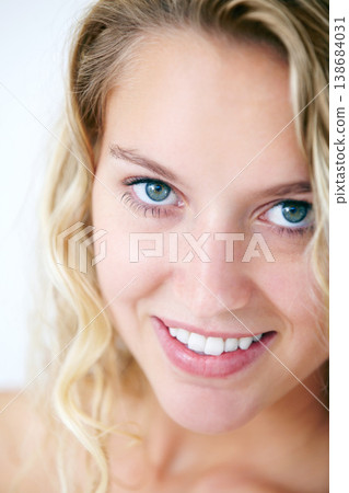 Portrait, happy and natural beauty of woman for dermatology, cosmetic and spa treatment. Face, smile of blonde girl and skincare, aesthetic or facial health, wellness and isolated on white background Portrait, happy and natural beauty of woman for dermatology, cosmetic and spa treatment. Face, smile of blonde girl and skincare, aesthetic or facial health, wellness and isolated on white background 138684031