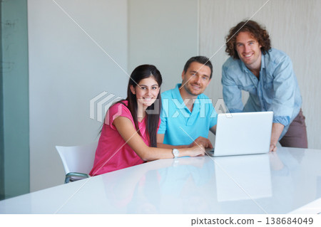 Office laptop, group portrait or team cooperation, collaboration and happiness for SEO data, digital or web design. Project, computer or people teamwork, planning or smile for webdesign development Office laptop, group portrait or team cooperation, collaboration and happiness for SEO data, digital or web design. Project, computer or people teamwork, planning or smile for webdesign development 138684049
