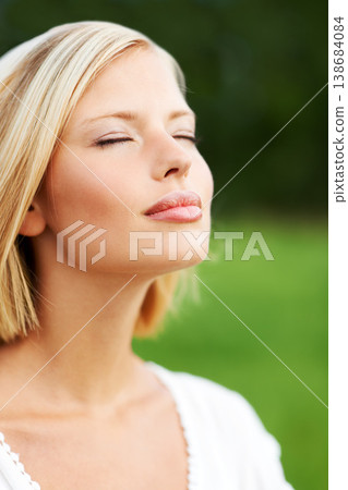 Woman, breathe and relax in nature, calm and peace for inner wellness, spiritual and meditation. Person, mindfulness and serenity in countryside, free and healing for mental health, mindset and soul Woman, breathe and relax in nature, calm and peace for inner wellness, spiritual and meditation. Person, mindfulness and serenity in countryside, free and healing for mental health, mindset and soul 138684084