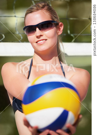 Beach volleyball, ball and sports woman giving, offer and smile for outdoor game, competition or summer challenge. Active athlete, player or girl ready for fitness, exercise or training performance Beach volleyball, ball and sports woman giving, offer and smile for outdoor game, competition or summer challenge. Active athlete, player or girl ready for fitness, exercise or training performance 138684086