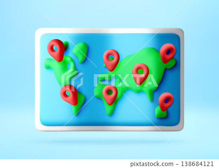 3d world map with red location pins on continents. 3d world map with red location pins on continents. 138684121