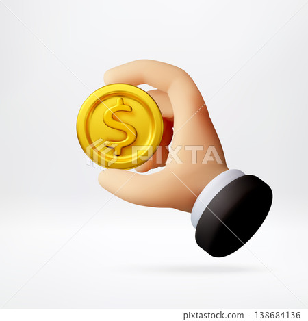 3D Cartoon hand holding gold dollar coin. 138684136