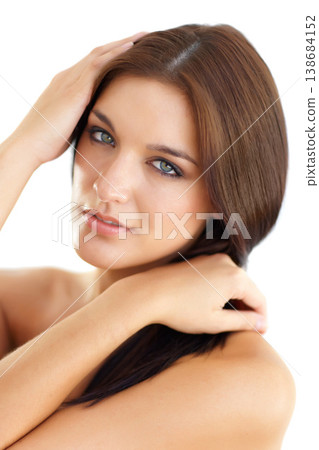 Makeup, beauty and portrait of woman with skincare in studio, white background or salon. Model, face and girl with pride and confidence from cosmetics, dermatology and self care in spa for skin Makeup, beauty and portrait of woman with skincare in studio, white background or salon. Model, face and girl with pride and confidence from cosmetics, dermatology and self care in spa for skin 138684152