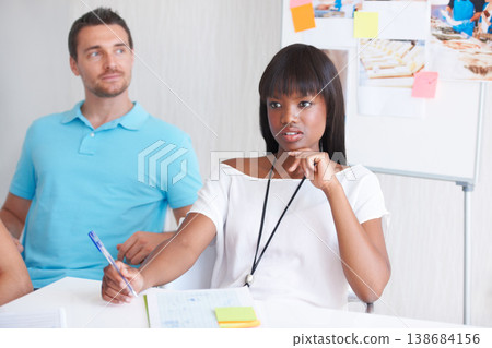 Business woman, thinking and planning in meeting, startup project or brainstorming for magazine proposal or creative agency. Young people with ideas, goals and notes, marketing strategy or internship 138684156