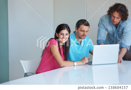 Office laptop, portrait or team cooperation, analysis or reading SEO data, business meeting or website design. Happiness, computer or people teamwork, planning and smile for webdesign development 138684157