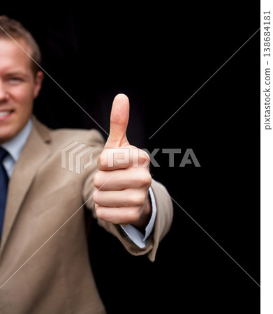 Closeup, thumbs up and smile for business man, hand or agreement in portrait by black background. Entrepreneur, happy or sign language for support, thanks or icon for vote, choice or decision on deal Closeup, thumbs up and smile for business man, hand or agreement in portrait by black background. Entrepreneur, happy or sign language for support, thanks or icon for vote, choice or decision on deal 138684181