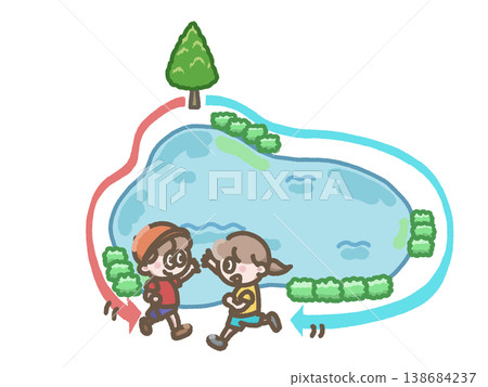 描繪人們繞著池塘奔跑的插圖 138684237