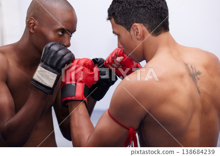 Sports, fight competition and mma people, boxer or kickboxing fighter contest, challenge or muay thai workout. Rival, studio battle or athlete fitness, exercise or boxing opponent on white background 138684239