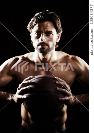Muscle, strong and portrait of man with basketball in studio isolated on black background. Sports, serious face and athlete with ball, body abs or workout, fitness or training to exercise for health Muscle, strong and portrait of man with basketball in studio isolated on black background. Sports, serious face and athlete with ball, body abs or workout, fitness or training to exercise for health 138684377
