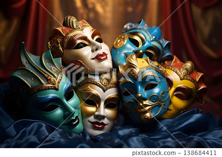 Brazilian Carnival People celebrating party with samba dancers in Venetian Mask, Circus-Ai Generated 138684411