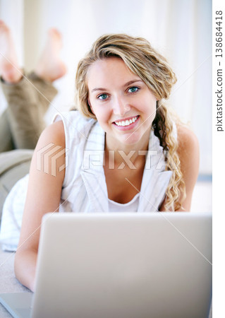 Laptop, portrait and happy woman in home on floor, typing email and network on internet. Computer, smile and face of person or girl on social media, website and communication on digital tech to relax Laptop, portrait and happy woman in home on floor, typing email and network on internet. Computer, smile and face of person or girl on social media, website and communication on digital tech to relax 138684418