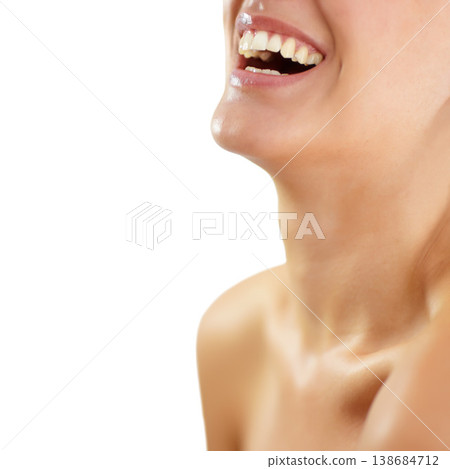 Smile, dental teeth and beauty of woman in studio isolated on a white background mockup space. Mouth, closeup and funny model laugh, healthy tooth and natural gums, skin wellness and orthodontics Smile, dental teeth and beauty of woman in studio isolated on a white background mockup space. Mouth, closeup and funny model laugh, healthy tooth and natural gums, skin wellness and orthodontics 138684712