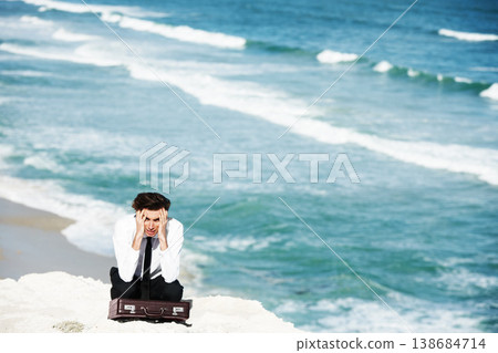 Thinking, cliff and business man with stress for job, career opportunity and work in nature. Professional, mockup and corporate worker on edge with anxiety, depression and worry for future by ocean Thinking, cliff and business man with stress for job, career opportunity and work in nature. Professional, mockup and corporate worker on edge with anxiety, depression and worry for future by ocean 138684714