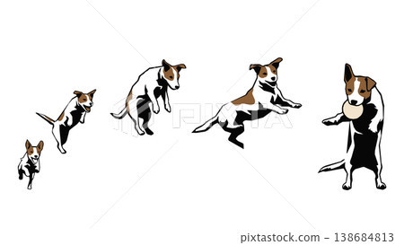 Continuous jumping motion of a dog catching a ball (stencil-style vector) 138684813