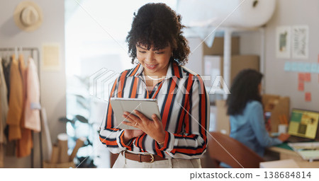 Happy woman, fashion designer and tablet in research, logistics or small business communication at boutique. Female person or employee smile on technology for online search or supply chain in retail Happy woman, fashion designer and tablet in research, logistics or small business communication at boutique. Female person or employee smile on technology for online search or supply chain in retail 138684814