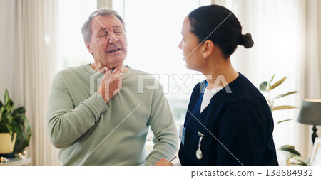Throat, nurse and senior man with a disease, sick and cold with virus, illness or inflammation. Pensioner, old person or mature guy with caregiver, professional or healthcare with medicare or thyroid Throat, nurse and senior man with a disease, sick and cold with virus, illness or inflammation. Pensioner, old person or mature guy with caregiver, professional or healthcare with medicare or thyroid 138684932