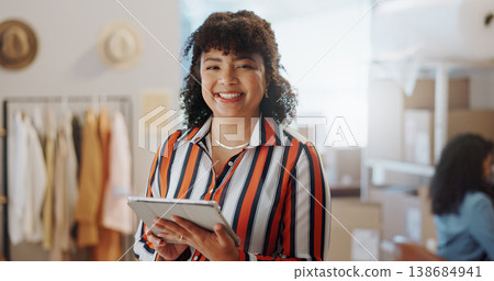 Portrait, boxes and woman with a tablet, ecommerce and smile with connection, internet and delivery. App, person or employee with tech, shipping and company website with online order or supply chain Portrait, boxes and woman with a tablet, ecommerce and smile with connection, internet and delivery. App, person or employee with tech, shipping and company website with online order or supply chain 138684941