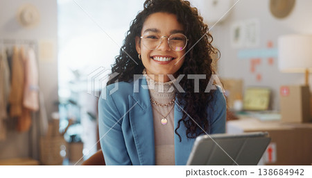 Happy woman, portrait and tablet in logistics, small business or fashion at boutique shop. Female person or entrepreneur smile with technology, boxes or stock for supply chain or ecommerce in retail Happy woman, portrait and tablet in logistics, small business or fashion at boutique shop. Female person or entrepreneur smile with technology, boxes or stock for supply chain or ecommerce in retail 138684942