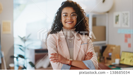 Portrait, business woman and fashion designer with arms crossed in clothes store or startup. Confidence, happy tailor and face of professional, entrepreneur and creative worker in glasses in Brazil 138685034