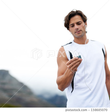 Man, workout and outdoors with earphones for podcast, music and audio, streaming radio and song. Male athlete, browse and search for motivation playlist for training, exercise and run or fitness 138685070