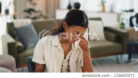Woman, pain and headache in living room for stress, mental health or anxiety of fatigue, frustrated crisis or depression. Tired indian girl with eye strain from burnout, vertigo and brain fog at home 138685071