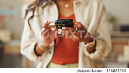 Closeup, businesswoman and hand with smartphone for e commerce, digital banking or mobile app in space. Female entrepreneur, worker and scrolling on social media for online, alert or notification Closeup, businesswoman and hand with smartphone for e commerce, digital banking or mobile app in space. Female entrepreneur, worker and scrolling on social media for online, alert or notification 138685080