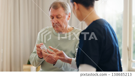 Pills bottle, old man or nurse explain product information, healthcare medicine or prescription drugs. Caregiver, retirement home or elderly patient reading pharmaceutical vitamins for health support 138685213