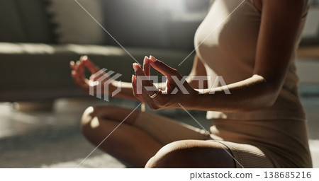 Woman, yoga and lotus on floor, peace or home for chakra balance, relax or breathing in living room. Girl, meditation and spiritual with zen, pilates or workout for wellness, fitness or mindfulness 138685216
