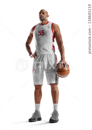 Basketball. Full length studio shot of an athletic basketball player in a confident stance holding a ball, isolated on white background 138685219