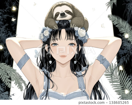 森林仙子悠閒地躺著，一隻樹懶趴在她的頭上 | 奇幻插畫 138685265