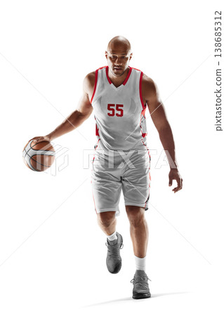 Basketball player in action. Basketball player in motion, running with the ball. Dynamic of a basketball player dribbling the ball. Isolated 138685312