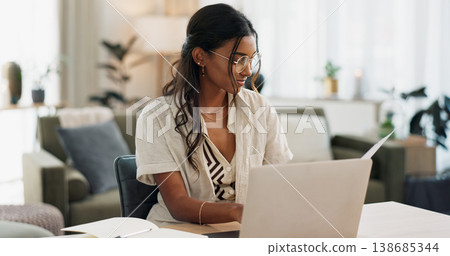 Laptop, remote work and woman reading for research in the living room of modern apartment. Smile, technology and young Indian female freelancer working on creative project with computer at home. Laptop, remote work and woman reading for research in the living room of modern apartment. Smile, technology and young Indian female freelancer working on creative project with computer at home. 138685344
