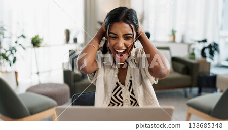 Excited woman, laptop and surprise for winning, bonus promotion or good news at home office. Shocked female person or freelancer smile in wow or omg for lottery, prize or sale discount on promo deal 138685348