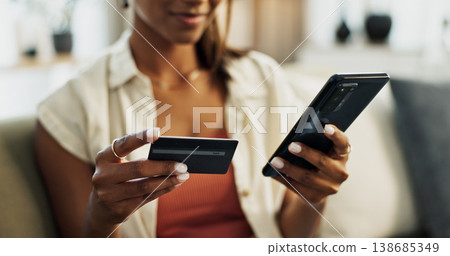 Hands, credit card and phone for closeup, home and woman with cybersecurity, fintech app and banking info. Girl, smartphone and payment for customer experience, budget or sales on e commerce website 138685349
